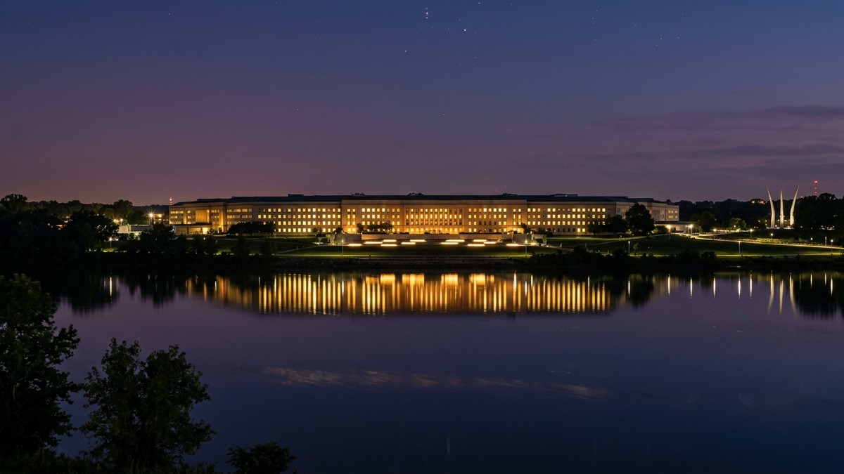 The Pentagon building at dusk with glowing lights