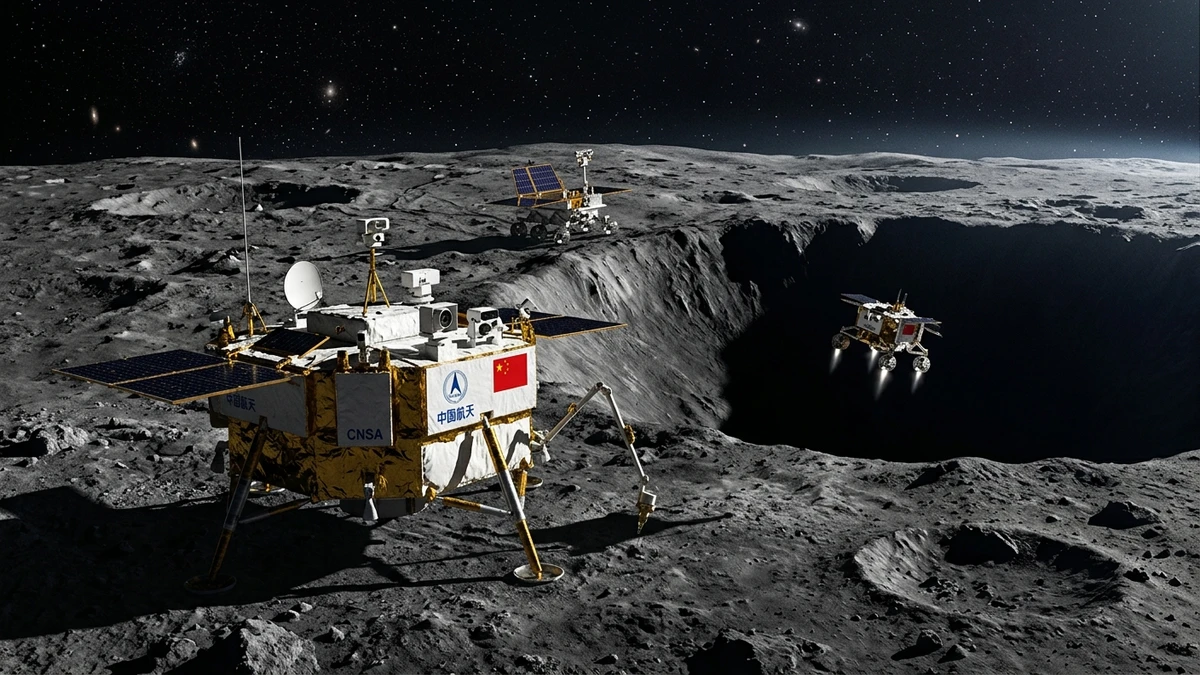 Artist's impression of China's Chang'e 7 mission at the lunar south pole, showing the lander, rover and mini hopping probe near a permanently shadowed crater