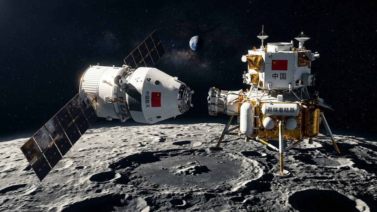 Artist's impression of China's Mengzhou crew capsule and Lanyue lander in lunar orbit above the Moon's south pole, prior to crew transfer for descent