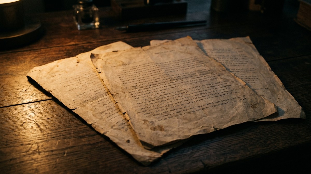 Vintage typewritten letter pages spread on a desk, partially lit, with faded text visible