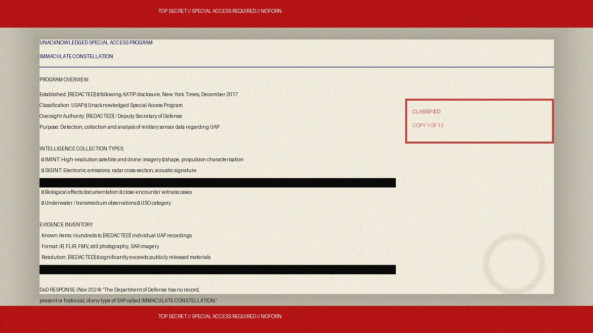 Illustration of a classified government document describing the Immaculate Constellation UAP programme