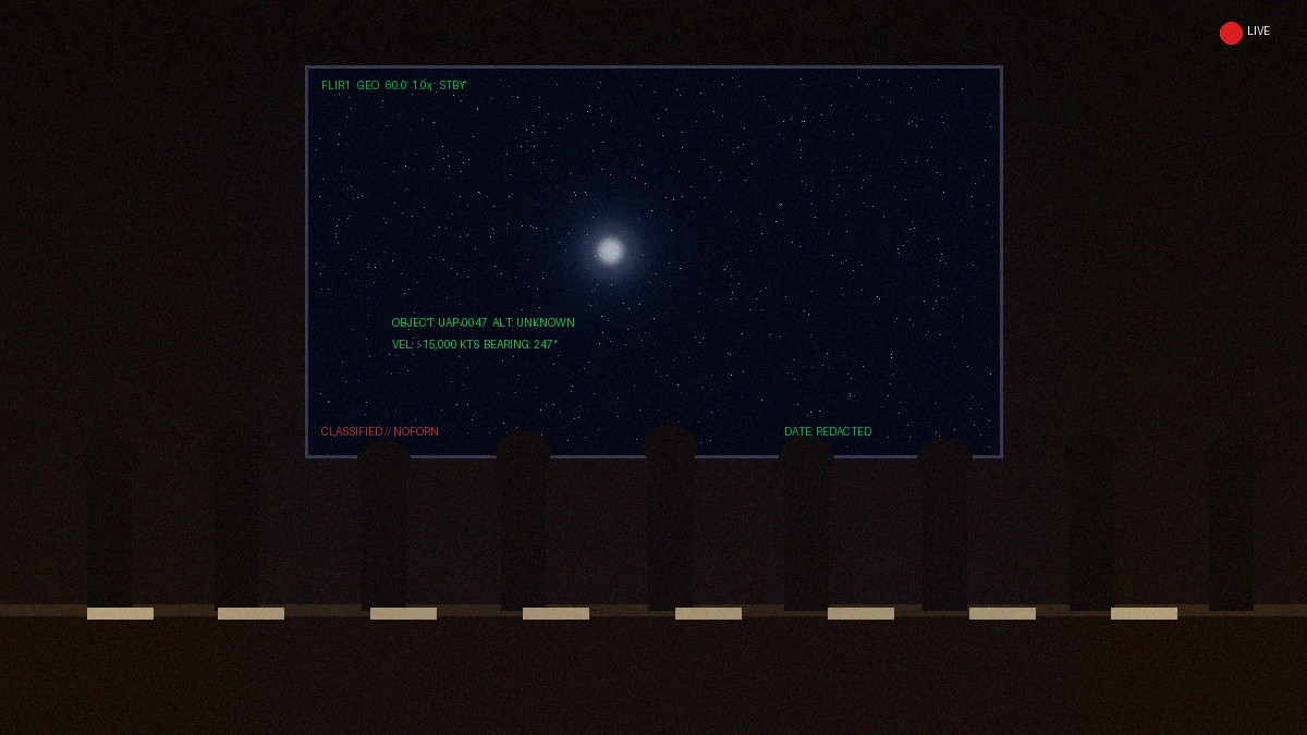 Illustration of a congressional hearing on UAP disclosure with classified footage displayed on a screen