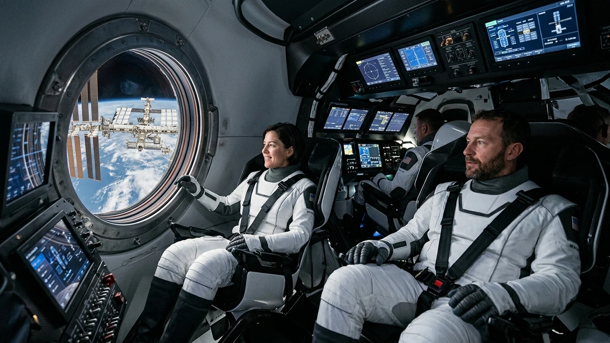 Astronauts in spacesuits seated inside a SpaceX Crew Dragon capsule, touchscreens illuminated, viewed through the porthole