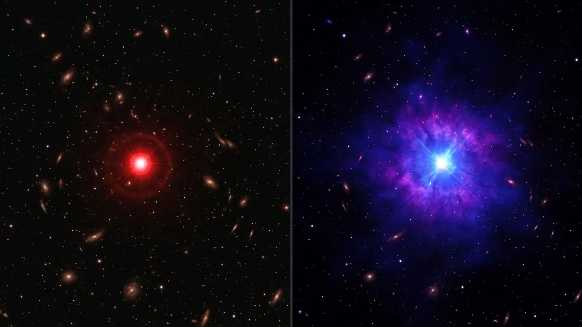 Side-by-side comparison showing JWST infrared view of a little red dot alongside Chandra X-ray data revealing the X-ray signal at the same location