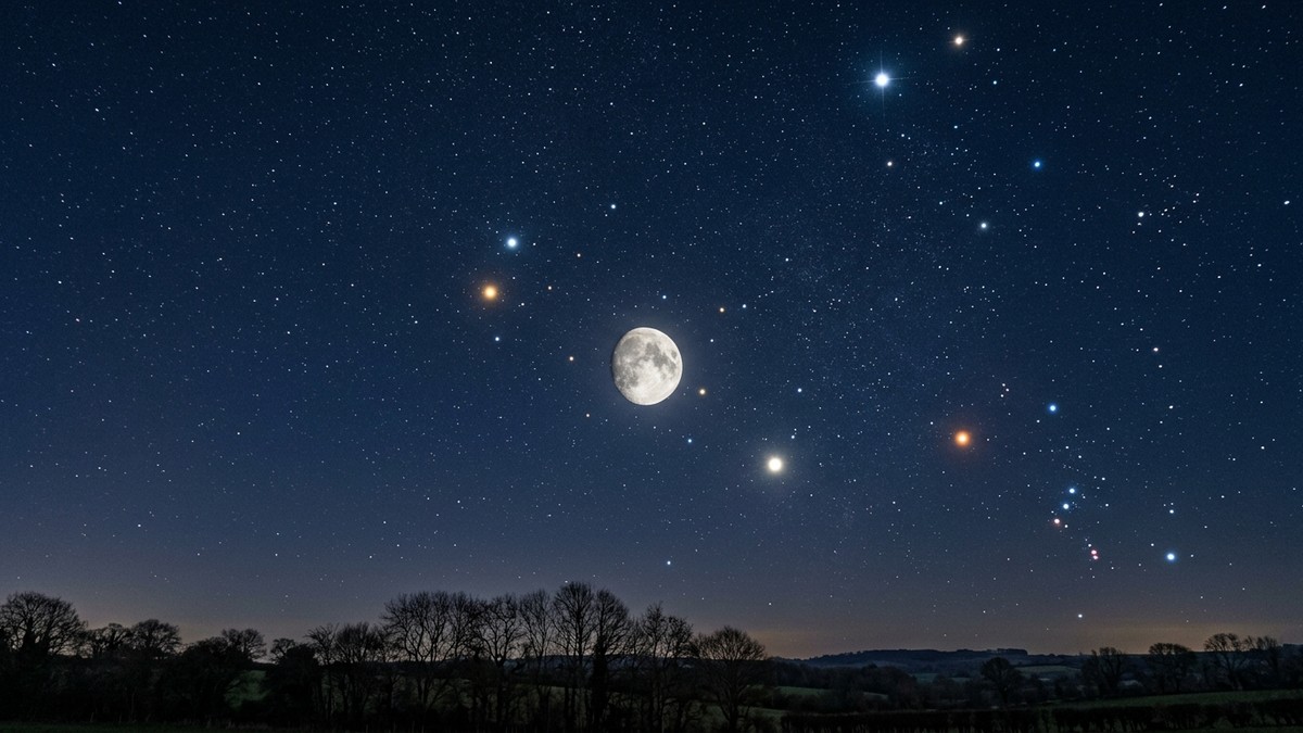 Annotated sky map showing the Moon and Jupiter's positions in Gemini, with Castor, Pollux, and other bright stars labelled