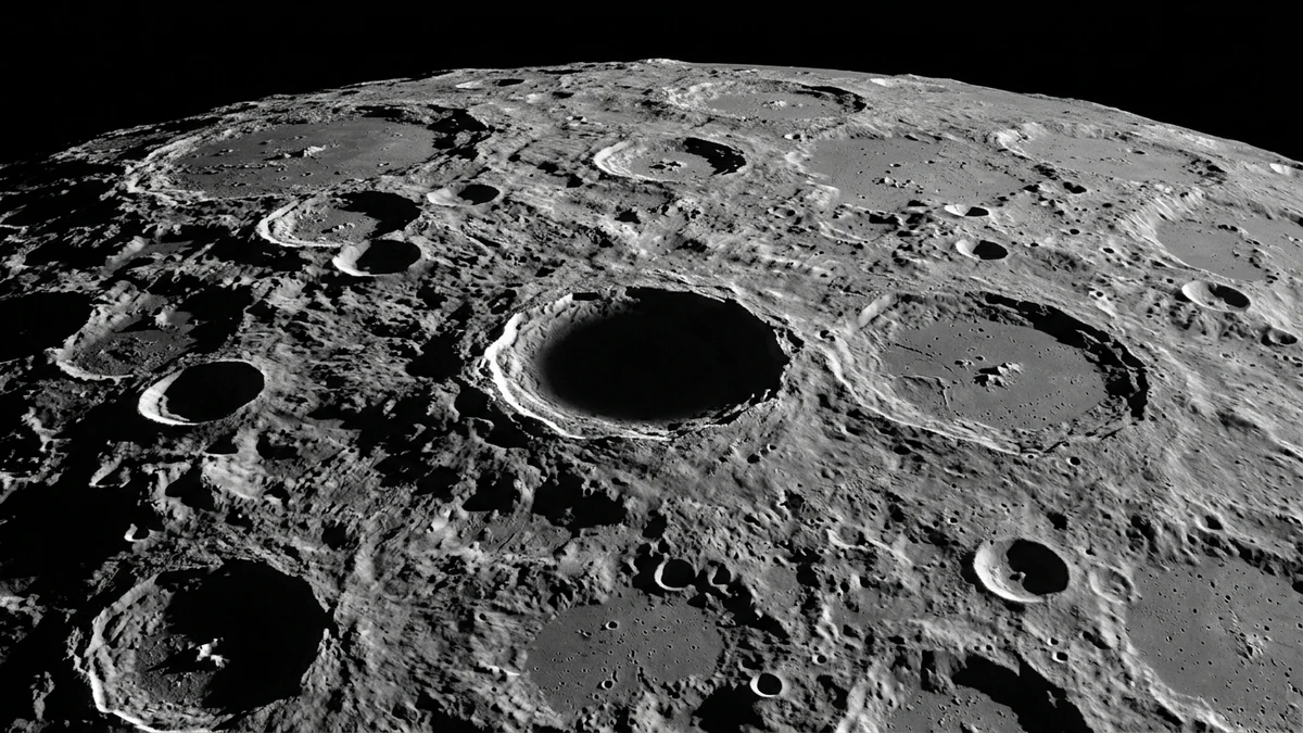 View of the lunar south pole from orbit, showing the contested terrain where both the US and China plan to land astronauts and build permanent bases, with permanently shadowed craters and sunlit peaks visible