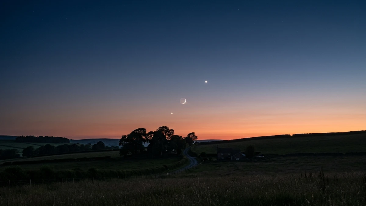 A thin crescent Moon flanked by Mars and Saturn low in the pre-dawn eastern sky above a dark countryside horizon