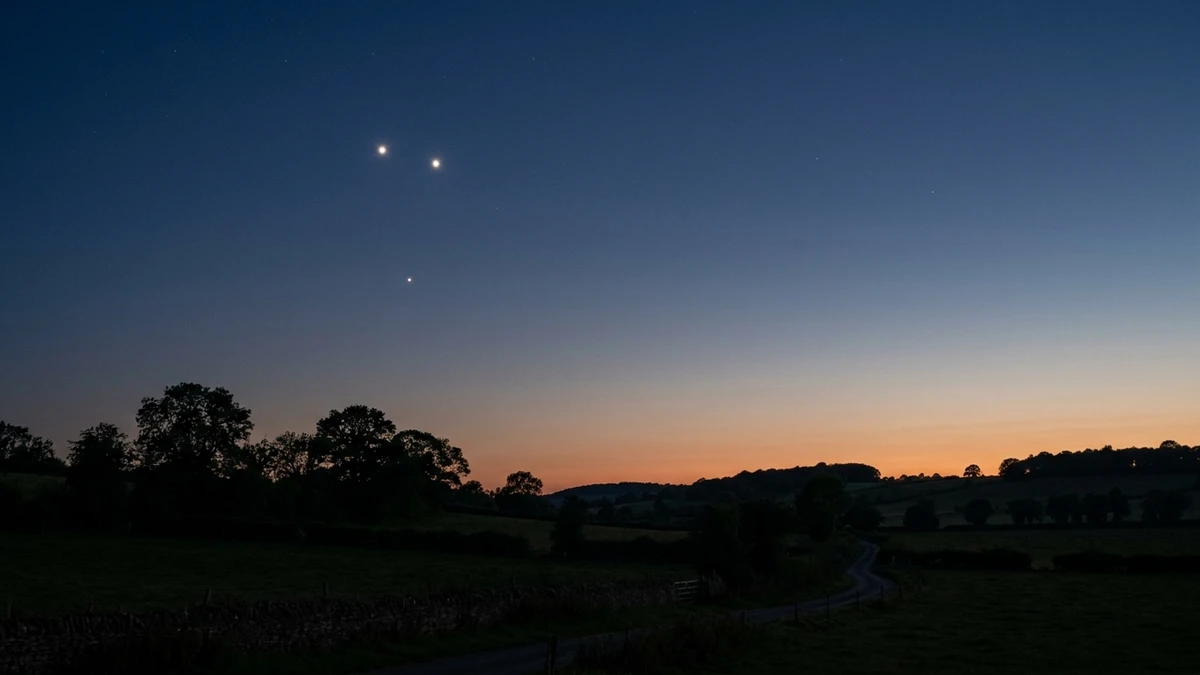 Three planets — Venus, Jupiter and Mercury — forming a triangle in the twilight western sky above a silhouette of trees