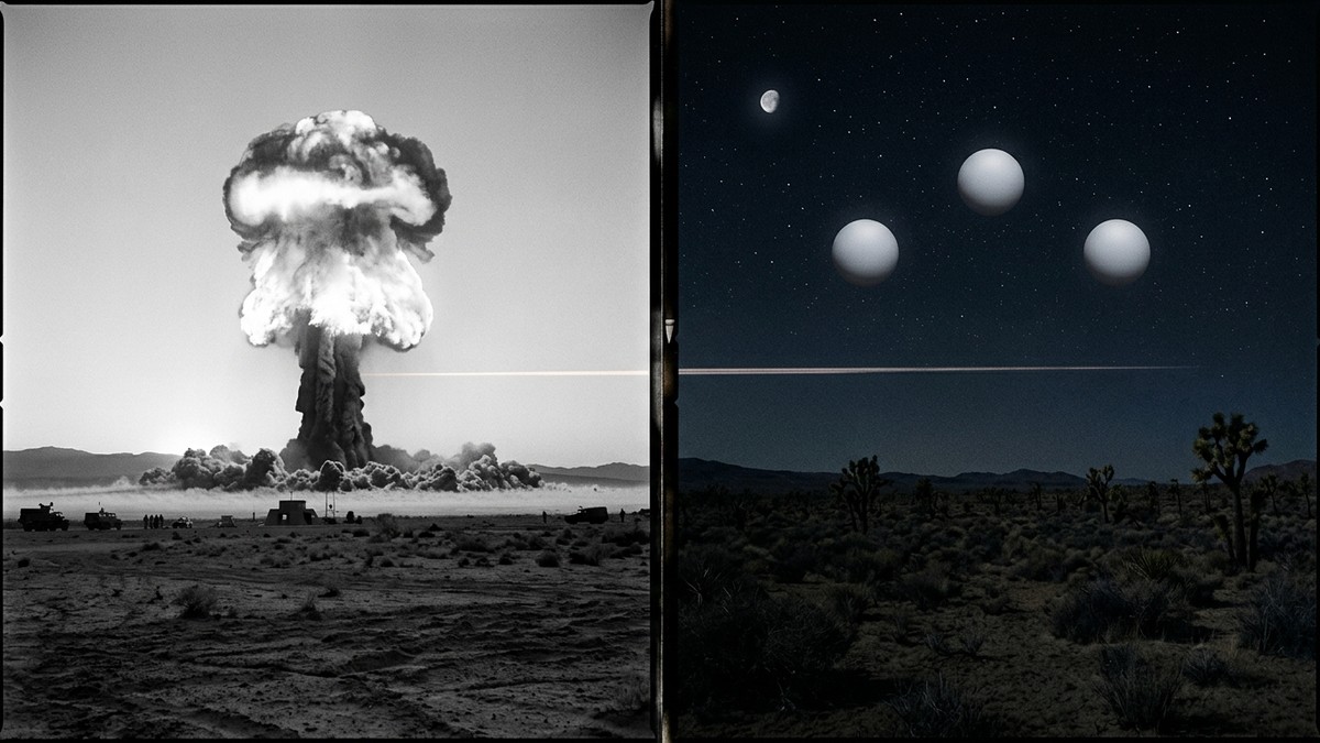 Split composition showing a 1950s Nevada nuclear test mushroom cloud on the left, and three unidentified white orbs hovering in formation over desert scrubland on the right