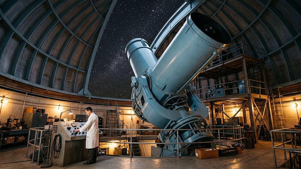 Interior of the Palomar Observatory 48-inch Samuel Oschin Schmidt telescope in the 1950s, with a scientist at the control panel and the dome open to a star-filled sky