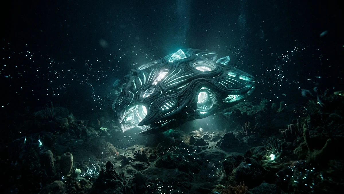 Mysterious glowing craft submerged deep underwater, emitting faint ethereal light