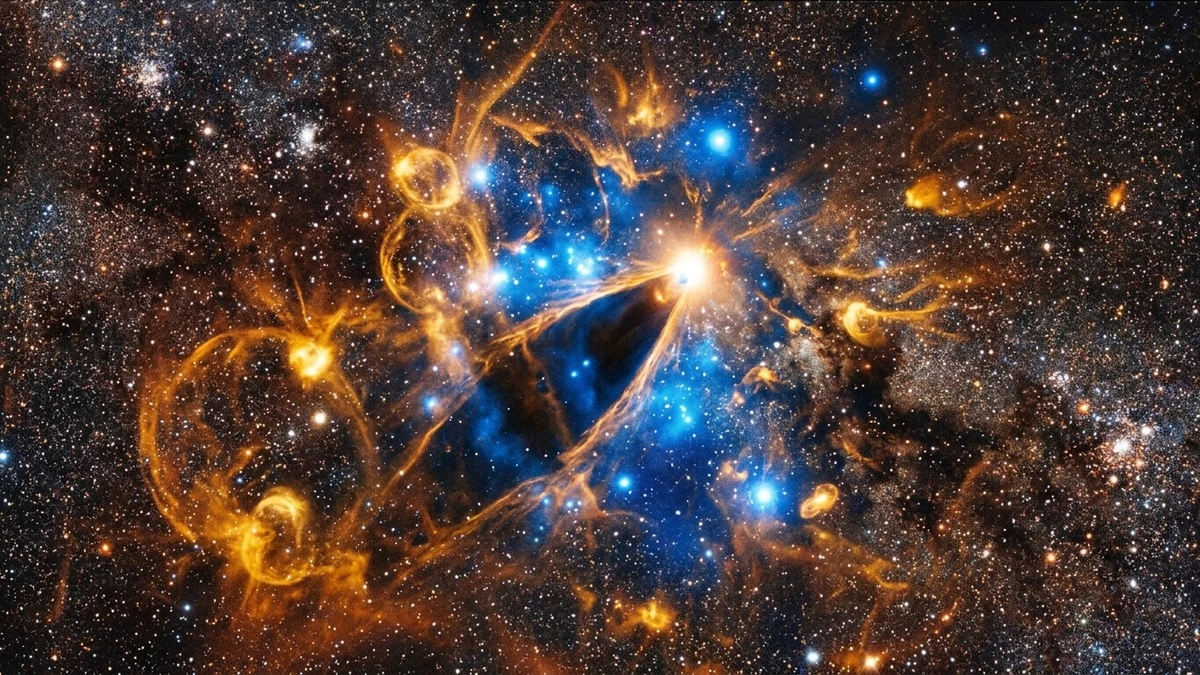 Composite astronomical image of the galactic centre showing hot orange and blue gas around a central bright point, with a cone-shaped dark cavity pointing toward the black hole