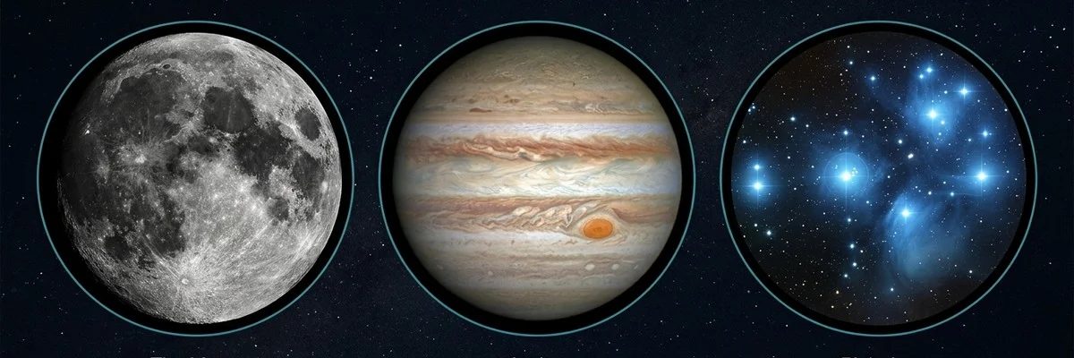 What you can see through the Heritage 130P: the Moon, Jupiter with cloud bands, and the Pleiades