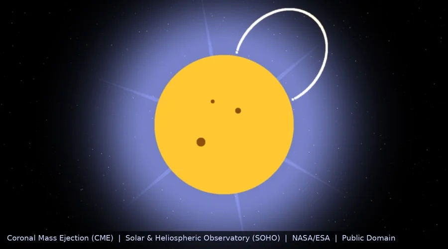 Illustration of a Coronal Mass Ejection (CME) erupting from the Sun's upper limb, showing the expanding plasma arc above the solar corona